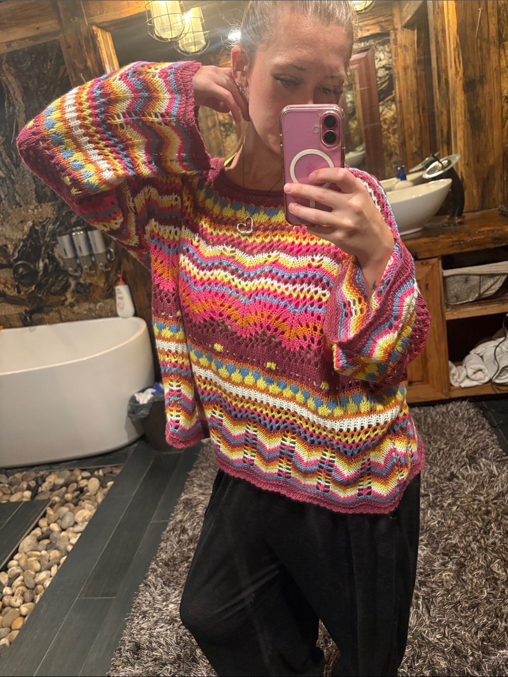 Multicolor Crochet Knit Sweater - Pink Patterned Women's Pullover